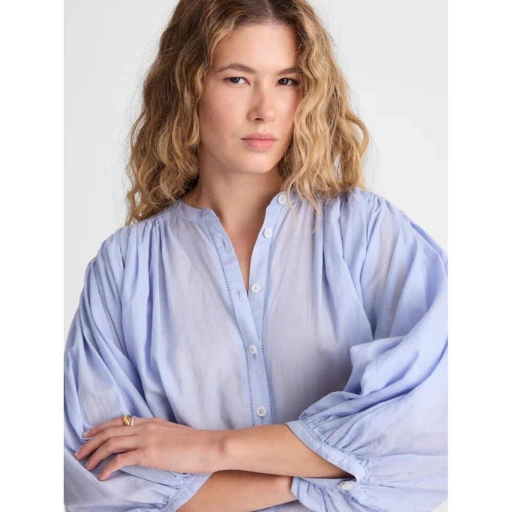 Madewell Shirred Crewneck Button-Up Top Women’s Medium Tranquil Blue Lightweight - Picture 2 of 10
